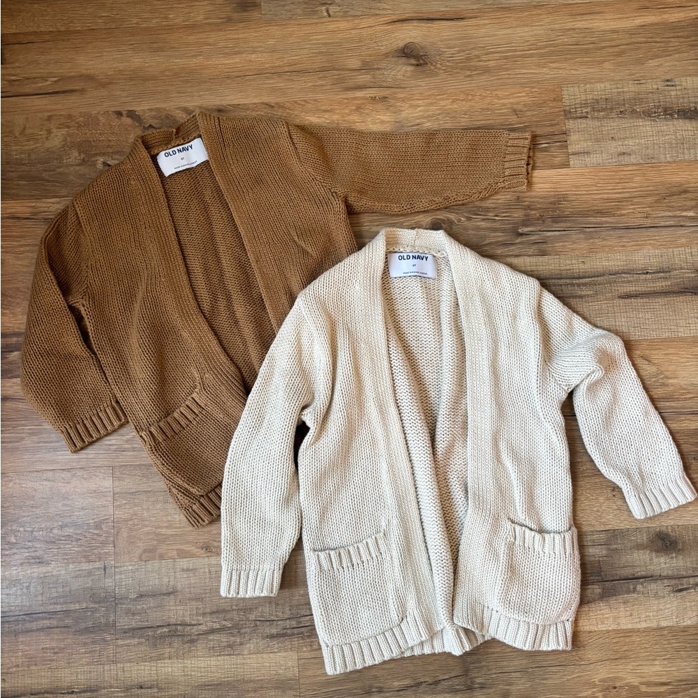 2 Toddler Long(ish) Knit Cardigan Sweaters - Tan and Cream